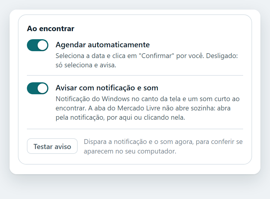 Opções ao encontrar: agendar automaticamente e avisar com notificação e som