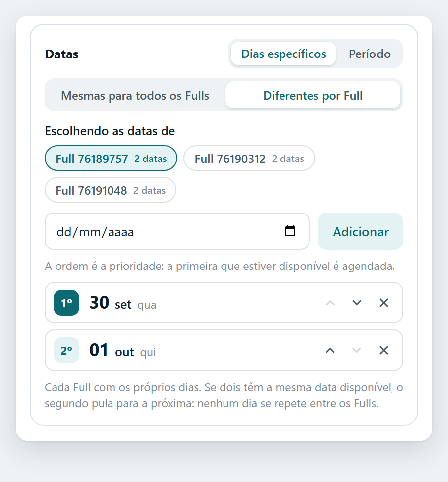 Datas diferentes por Full, com um seletor do Full em edição