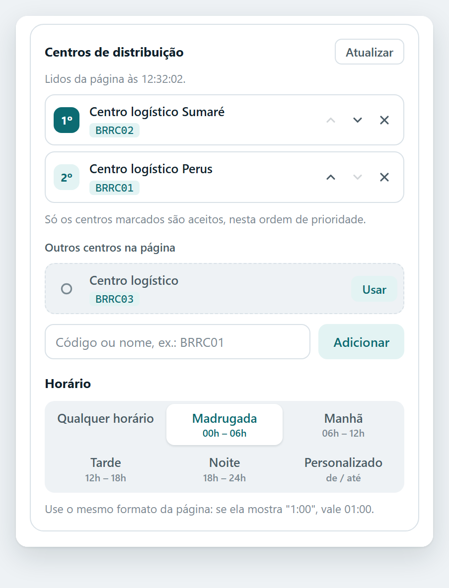 Centros de distribuição aceitos e faixa de horário